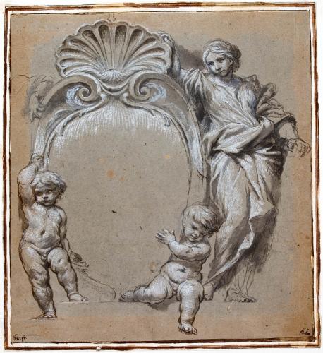 SCUDO SORRETTO DA PUTTI E FIGURA FEMMINILE