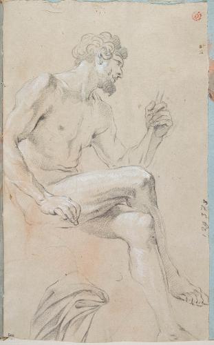 NUDO MASCHILE BARBUTO, SEDUTO CON LE GAMBE ACCAVALLATE; STUDIO DI PANNEGGIO