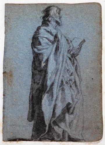 Figura maschile con mantello drappeggiato e libro