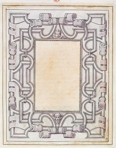 CORNICE PER RILEGATURA CON VOLUTE E DUE TESTINE