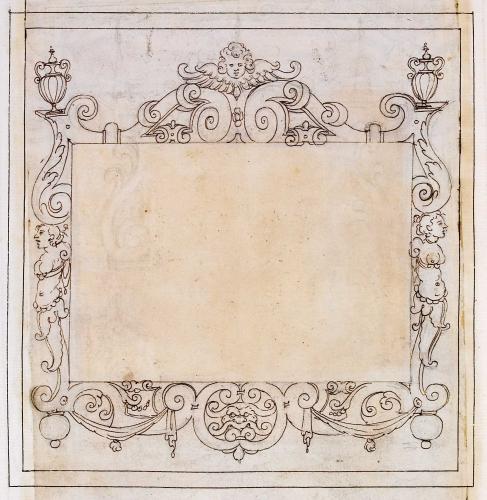 CORNICE CON VOLUTE, TESTA DI CHERUBINO, DUE CARIATIDI, MASCHERONE