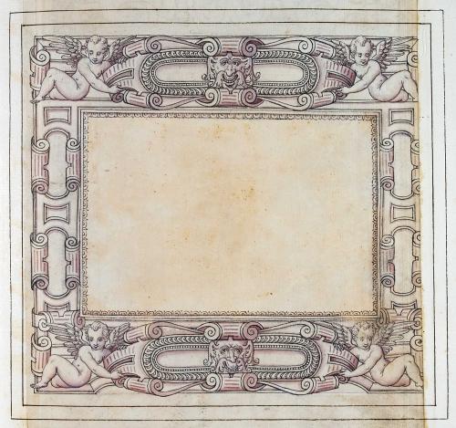 CORNICE PER RILEGATURA CON VOLUTE, QUATTRO PUTTI ALATI E DUE MASCHERONI