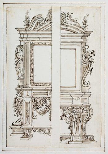 CORNICE IN DUE VARIANTI CON TELAMONI E PUTTI