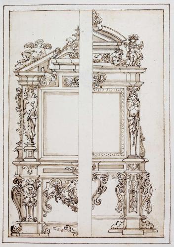 CORNICE IN DUE VARIANTI CON MENSOLE, CARIATIDI E PUTTI