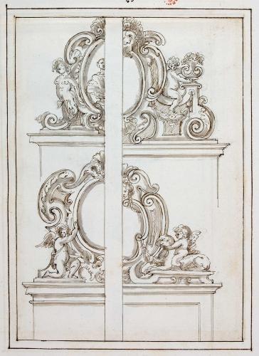 QUATTRO STUDI PER SOVRAPORTA CON VOLUTE, AMORINI E FESTONI