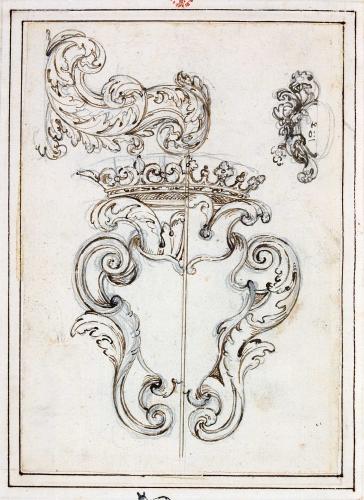 STEMMA CON VOLUTE SORMONTATE DA CORONA E PARTICOLARI DECORATIVI