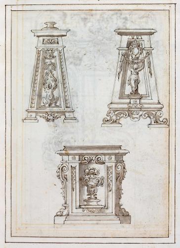 TRE PIEDISTALLI ORNATI CON VOLUTE, FESTONI E FIGURE