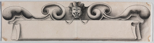 CORNICE PER TARGA CON DECORAZIONE A VOLUTE E MASCHERONE CENTRALE