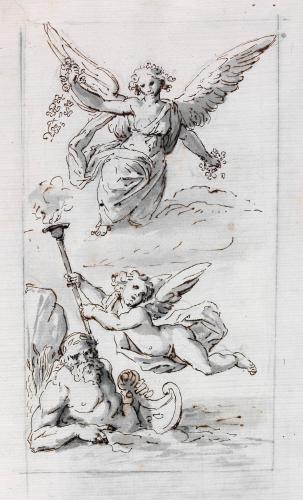 FIGURA FEMMINILE ALATA CHE SPARGE FIORI (AURORA?), PUTTO ALATO CON FACE ACCESA, DIVINITA' FLUVIALE