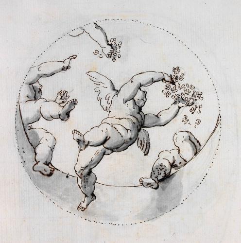 PUTTI CHE SPARGONO FIORI, ENTRO UN OCULO