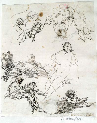 Figure, putti in volo e paesaggio, putti in volo, paesaggio montano