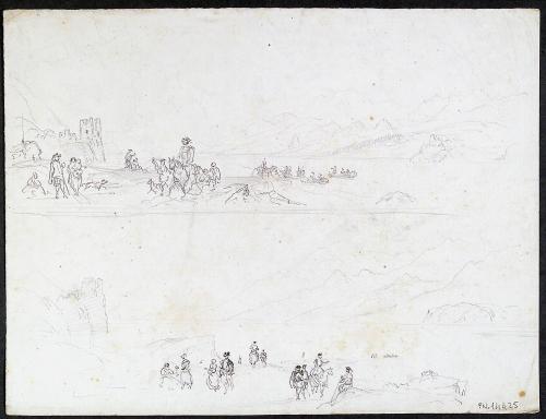 Paesaggio lacustre con figure e cavalieri in Scozia