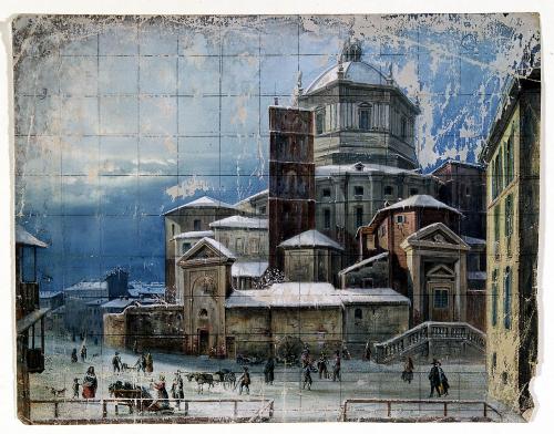 Veduta della basilica di S. Lorenzo a Milano sotto la neve