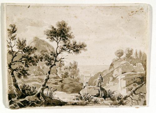Paesaggio roccioso con alberi e figura