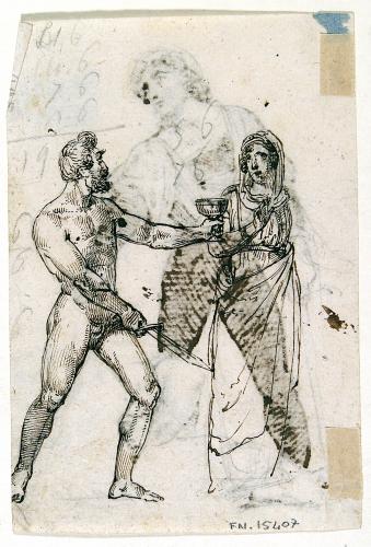 Figura maschile nuda con pugnale e coppa di fronte ad una figura femminile