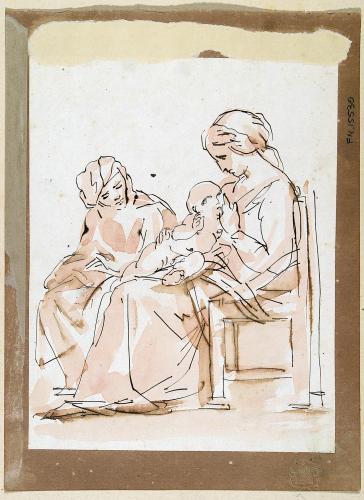 Donna che allatta un bambino con figura femminile seduta accanto