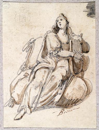 Figura femminile seduta con arpa
