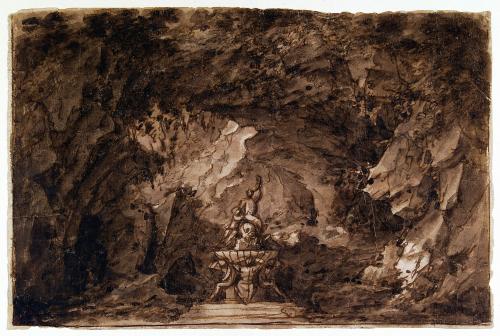 Scenografia con interno di grotta e gruppo scultoreo