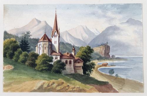 Paesaggio lacustre con chiesa