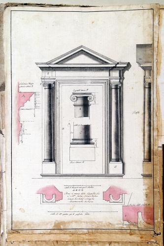 Prospetto, sezione e pianta di una porta della cappella di SantaMariadella Neve