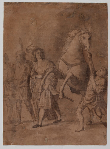 CAVALIERE CON ARMATI E SCUDIERO CHE TRATTIENE CAVALLO