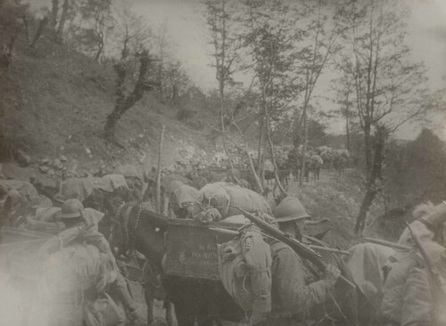 Soldati in marcia lungo un sentiero di montagna
