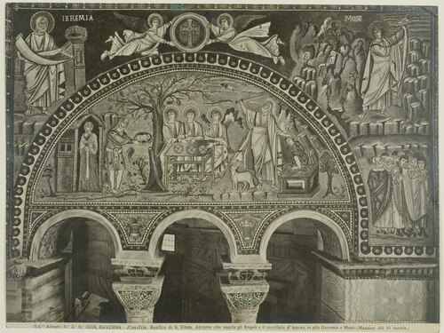 RAVENNA - Emilia. Basilica di S. Vitale. Abramo che ospita gli Angeli e il sacrifizio d'Isacco, in alto Geremia e Mos�.
