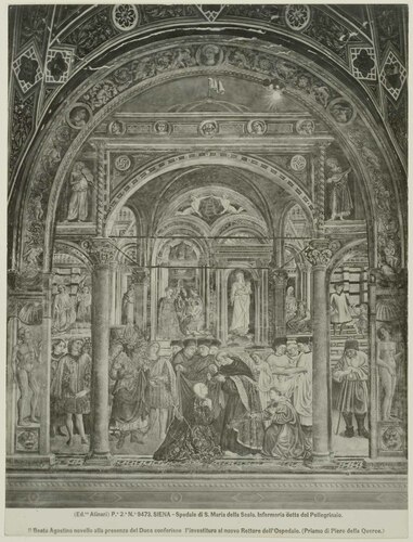 SIENA - Spedale di S. Maria della Scala. Infermeria detta del Pellegrinaio. Il Beato Agostino novello alla presenza del Duca conferisce l'investitura al nuovo Rettore dell' Ospedale.