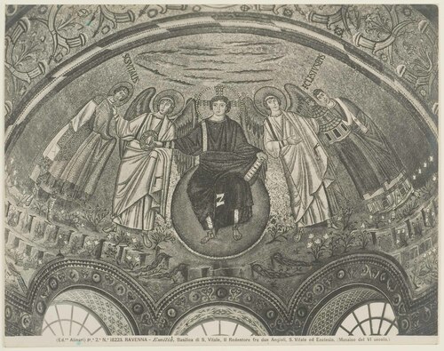 RAVENNA - Emilia. Basilica di S. Vitale. Il Redentore fra due Angioli, S. Vitale ed Ecclesio. ( Musaico del VI secolo.)