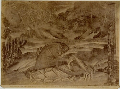 PISA - Camposanto. Il Beato Panuzio d� sepoltura al Beato Onofrio, dettaglio dell'affresco gli Anacoreti nella Tebaide. (P. Lorenzetti.)
